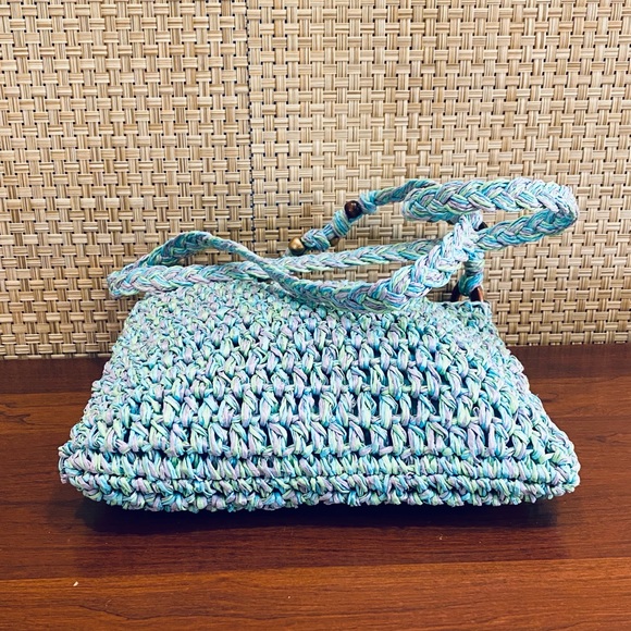🌟HP🌟NWOT Boho Aqua & Wood Bead Toyo Straw Crossbody Bag by Cappelli Straworld - Picture 12 of 13